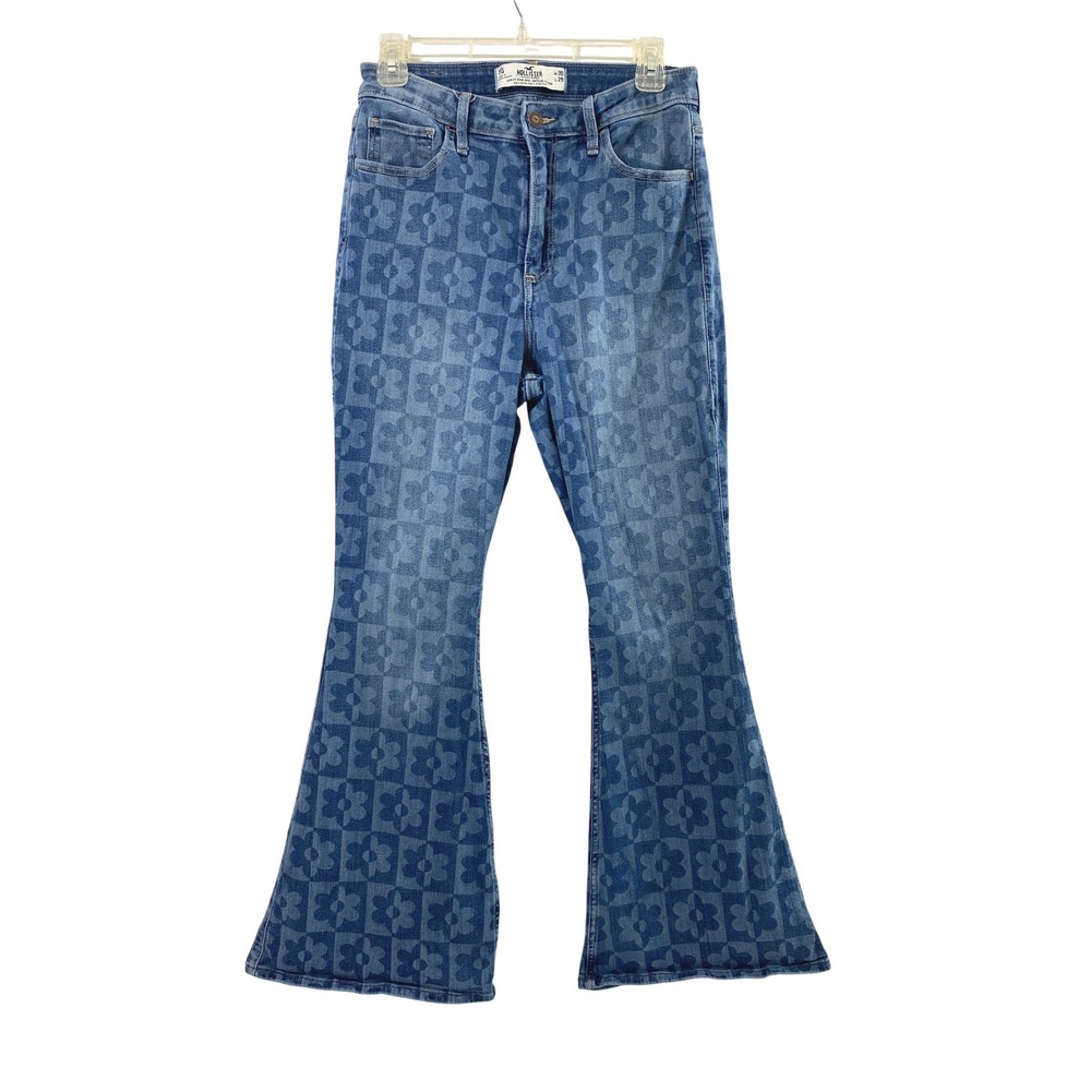 Hollister Flare Jeans Womens 27W 28.5L Hippie Boho 70s Daisy‎ Checkerboard Denim
